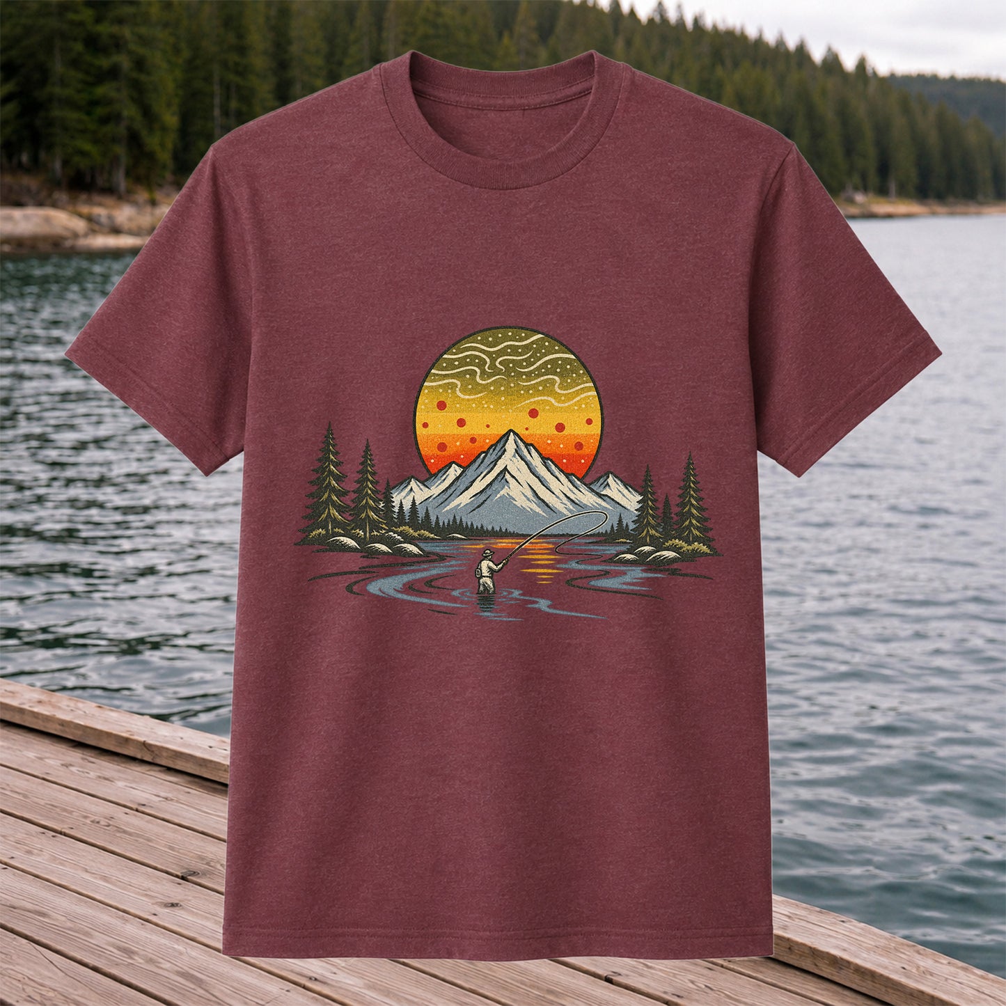 Mountain Sunset Fly Fishing Angler Graphic T-Shirt