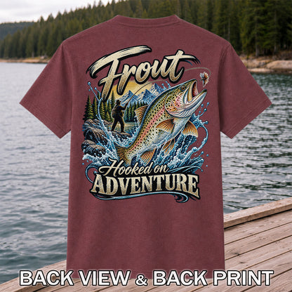 Trout Hooked on Adventure Mountain Fly Fishing T-Shirt | Back Print