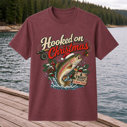 Hooked on Christmas Rainbow Trout in Santa Hat Fishing T-Shirt