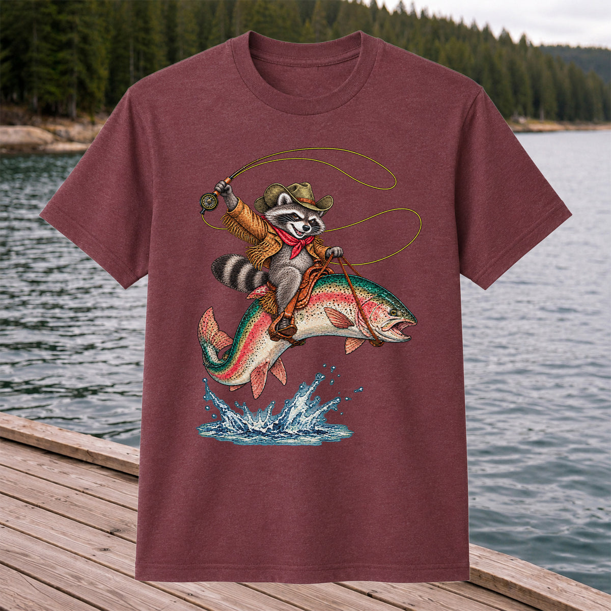 Cowboy Raccoon Riding a Rainbow Trout Fishing Graphic T-Shirt