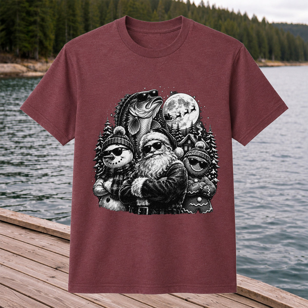 Santa Snowman Gingerbread and Bass Christmas Fishing T-Shirt