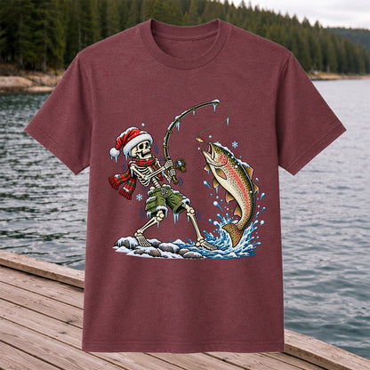 Christmas Skeleton Angler Catching a Rainbow Trout Fishing T-Shirt