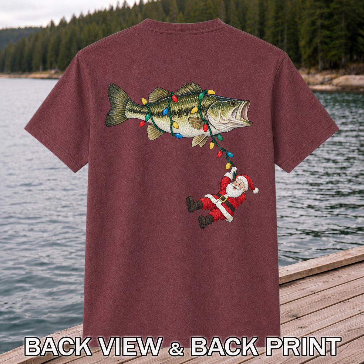 Santa Hanging from Christmas Lights on Bass Fishing Graphic T-Shirt | Back Print