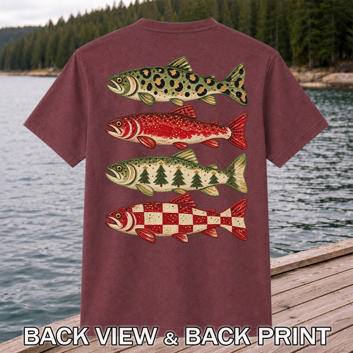 Four Seasonal Trout Patterns Christmas Fishing Graphic T-Shirt | Back Print