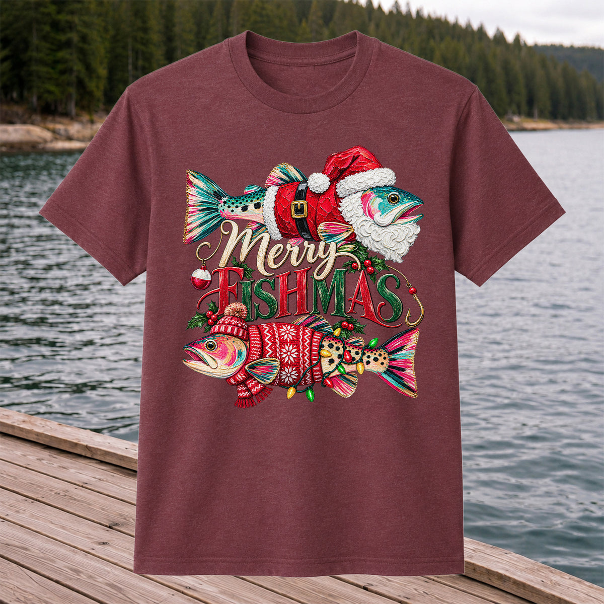 Merry Fishmas Santa Fish Christmas Fishing Graphic T-Shirt