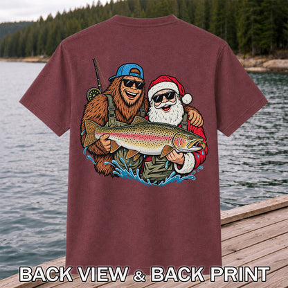 Bigfoot and Santa Holding Rainbow Trout Christmas Fishing Graphic T-Shirt | Back Print