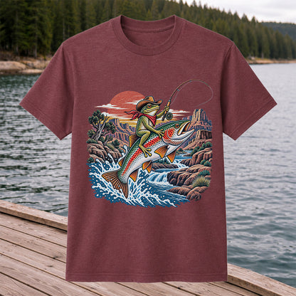 Cowboy Frog Riding a Rainbow Trout Canyon Fishing Graphic T-Shirt