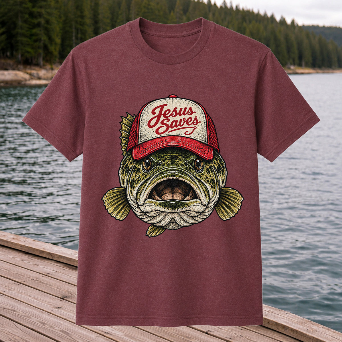 Jesus Saves Largemouth Bass in a Trucker Hat Fishing T-Shirt