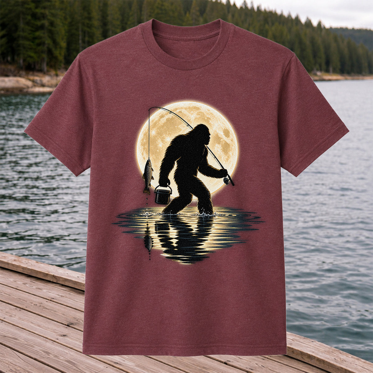 Bigfoot Fishing Under a Full Moon Graphic T-Shirt