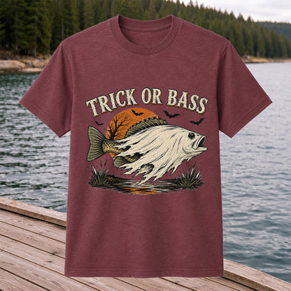 Trick or Bass Halloween Fishing T-Shirt, Vintage Trout Angler Tee