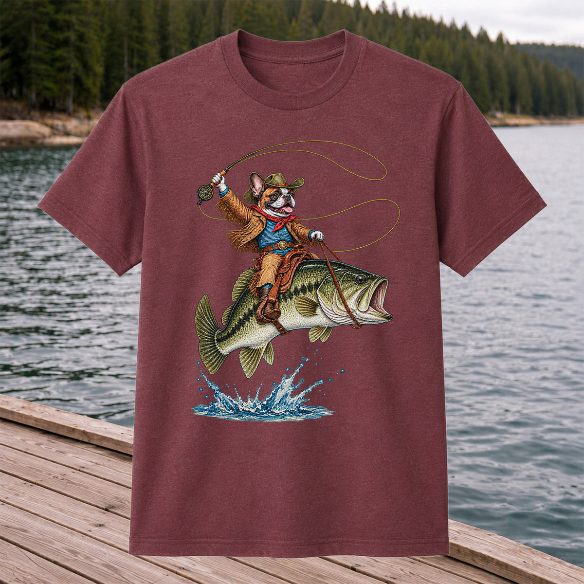 French Bulldog Cowboy Riding a Bass Fishing Graphic T-Shirt