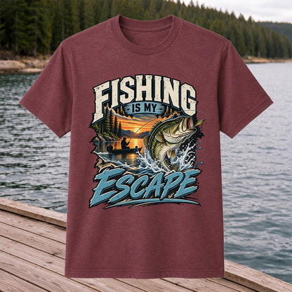 Fishing Is My Escape Jumping Bass and Sunset Lake Graphic T-Shirt