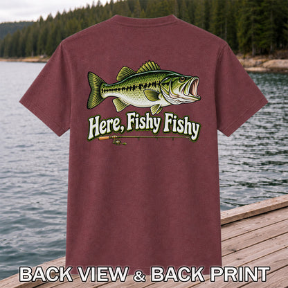 Here Fishy Fishy Funny Largemouth Bass Fishing Graphic T-Shirt | Back Print