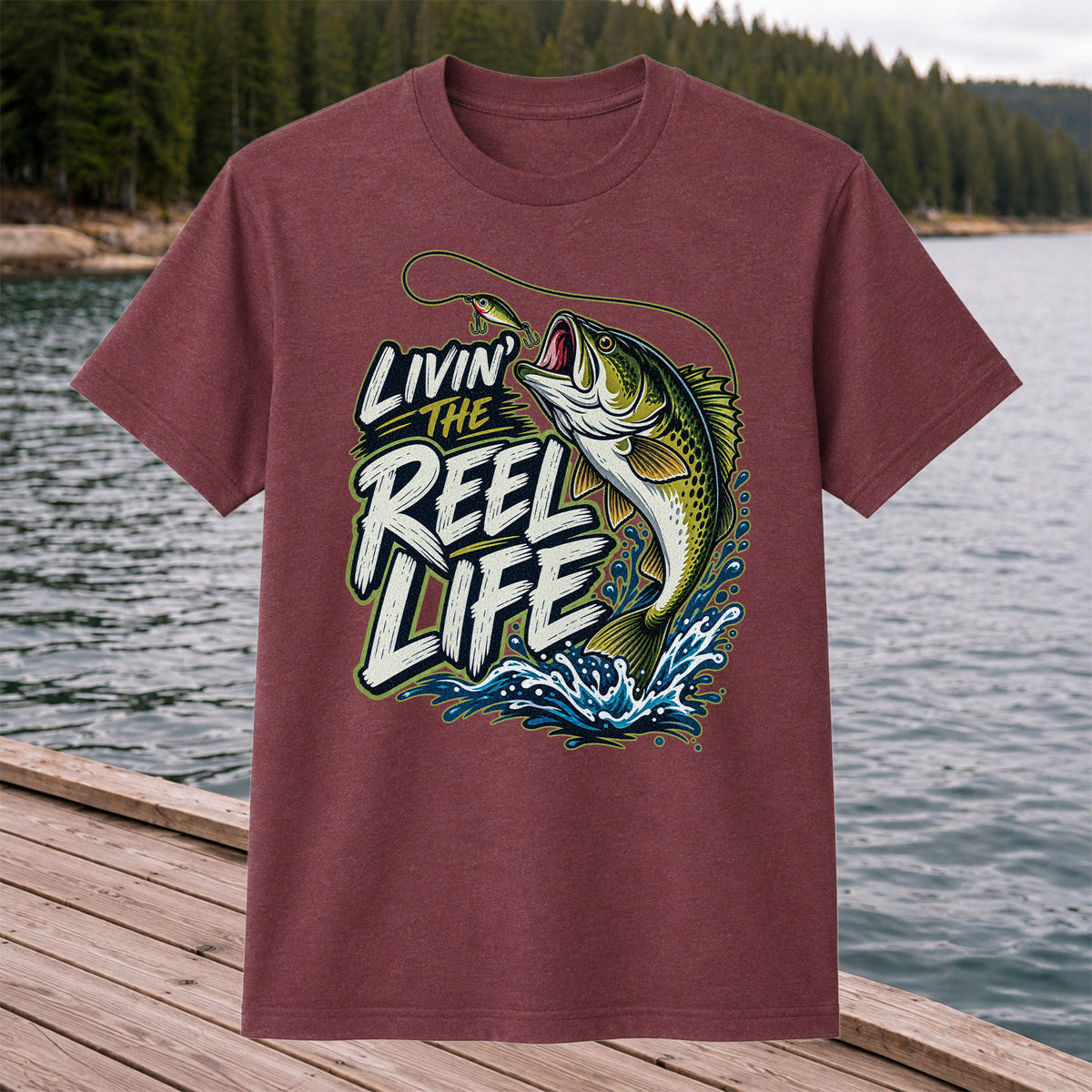 Livin' the Reel Life Jumping Bass Fishing Graphic T-Shirt