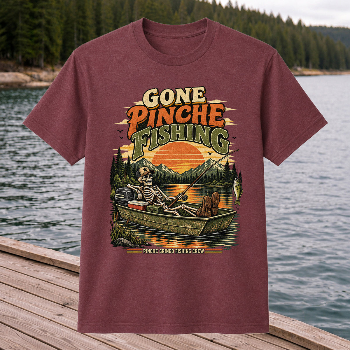 Gone Pinche Fishing Skeleton in a Boat Retro Graphic T-Shirt