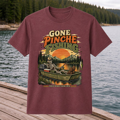 Gone Pinche Fishing Skeleton in a Boat Retro Graphic T-Shirt