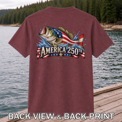 America 250th 1776–2026 American Flag Bass Fishing T-Shirt | Back Print