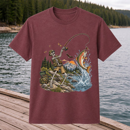Skeleton Angler Catching Trout at a Mountain Lake Fishing T-Shirt
