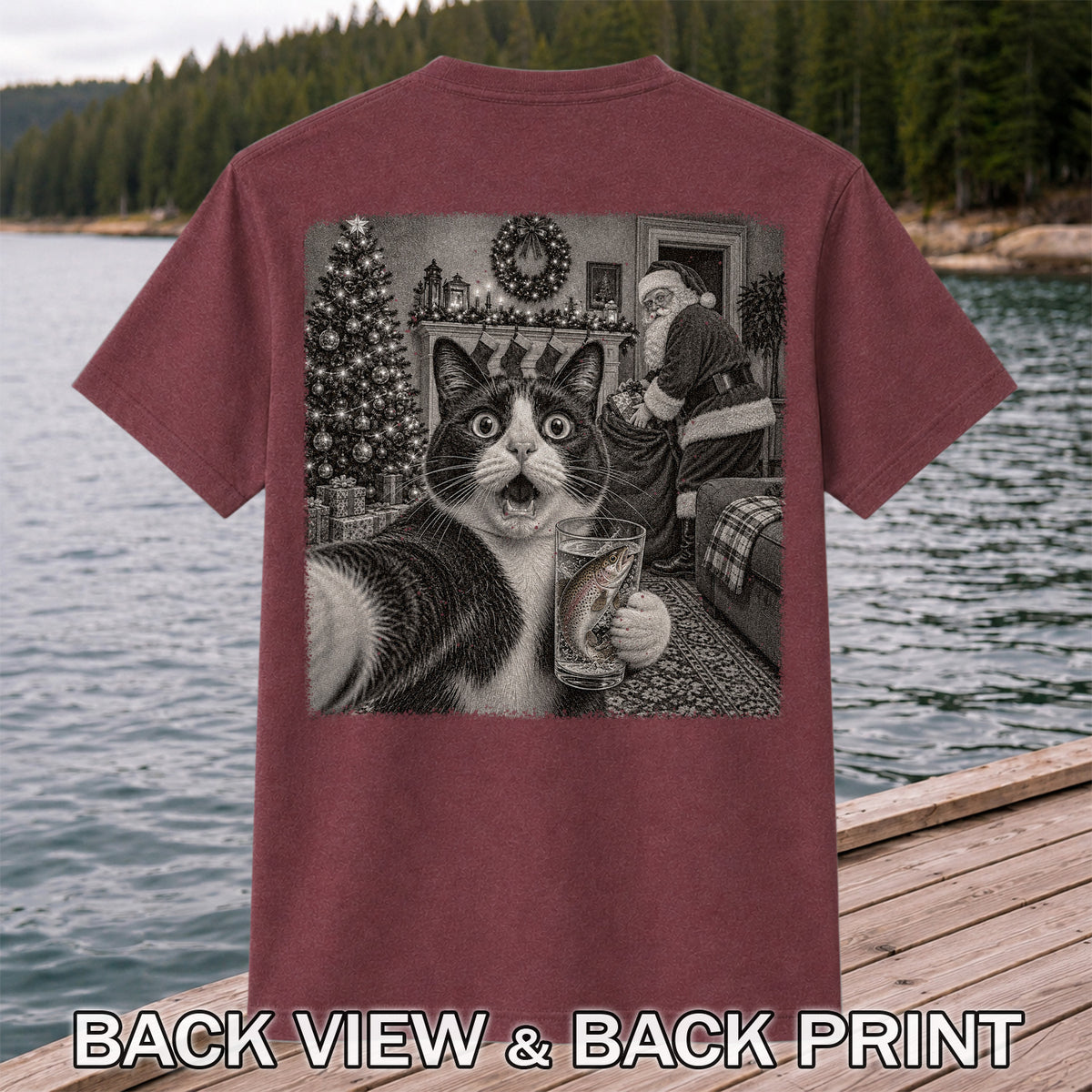 Christmas Cat Holding a Fish Mug Holiday Graphic T-Shirt | Back Print