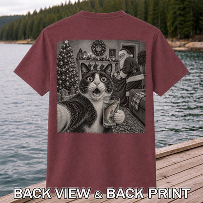 Christmas Cat Holding a Fish Mug Holiday Graphic T-Shirt | Back Print