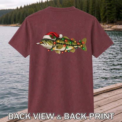 Christmas Bass Fishing Lights and Santa Hat Graphic T-Shirt | Back Print