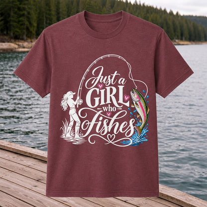 Just a Girl Who Fishes Rainbow Trout and Female Angler Fishing T-Shirt