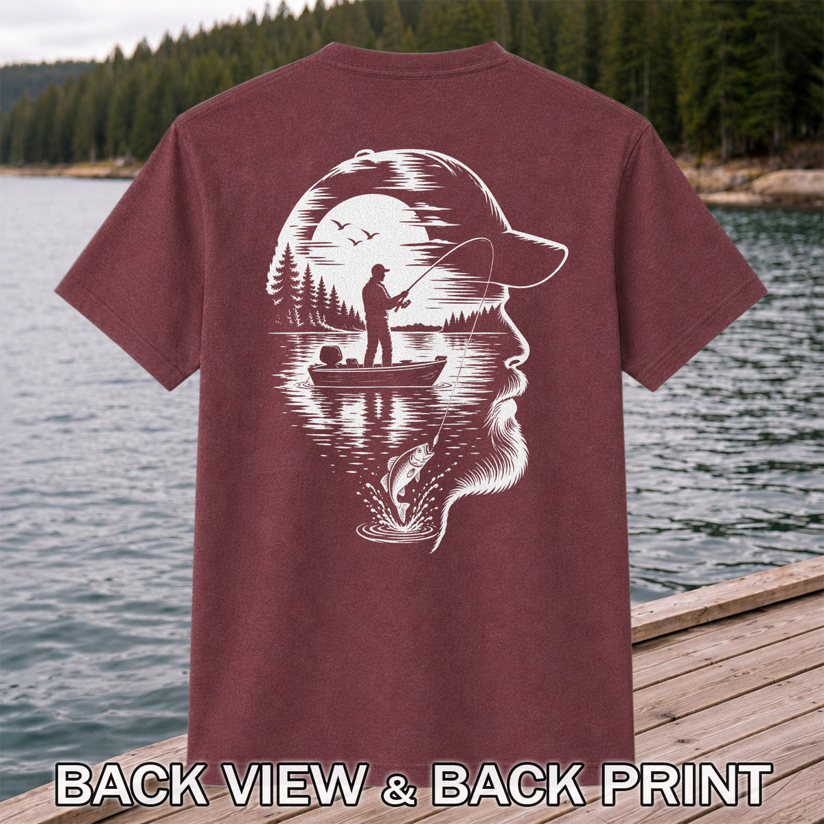 Bearded Angler Silhouette with Lake Fishing Scene Graphic T-Shirt | Back Print