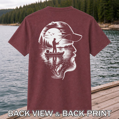 Bearded Angler Silhouette with Lake Fishing Scene Graphic T-Shirt | Back Print