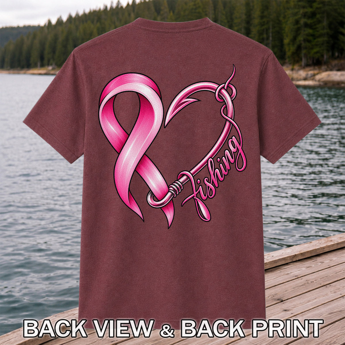 Pink Ribbon Heart Fish Hook Fishing Graphic T-Shirt | Back Print