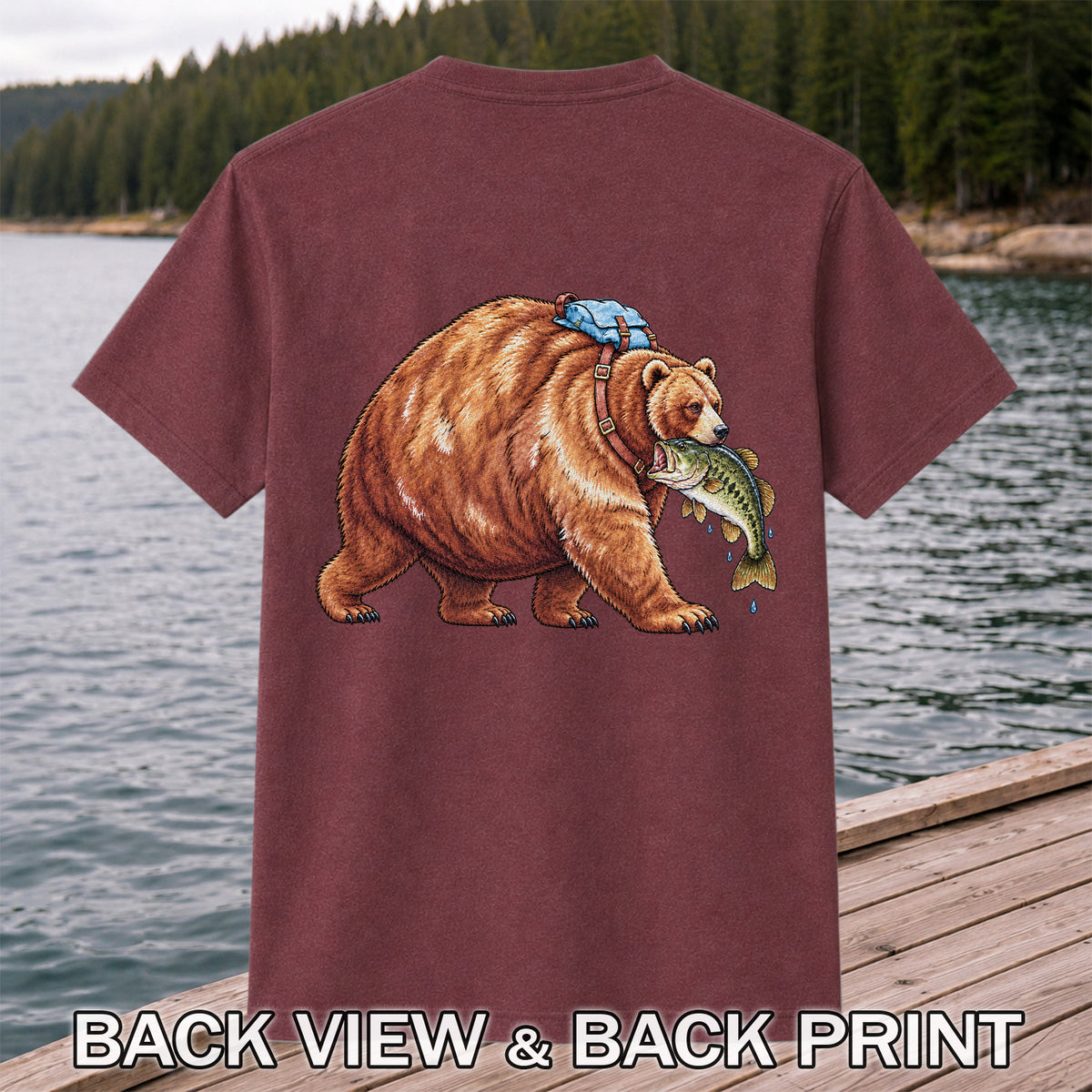 Bear Carrying Bass Fishing Wildlife Graphic T-Shirt | Back Print