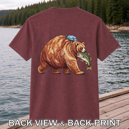 Bear Carrying Bass Fishing Wildlife Graphic T-Shirt | Back Print