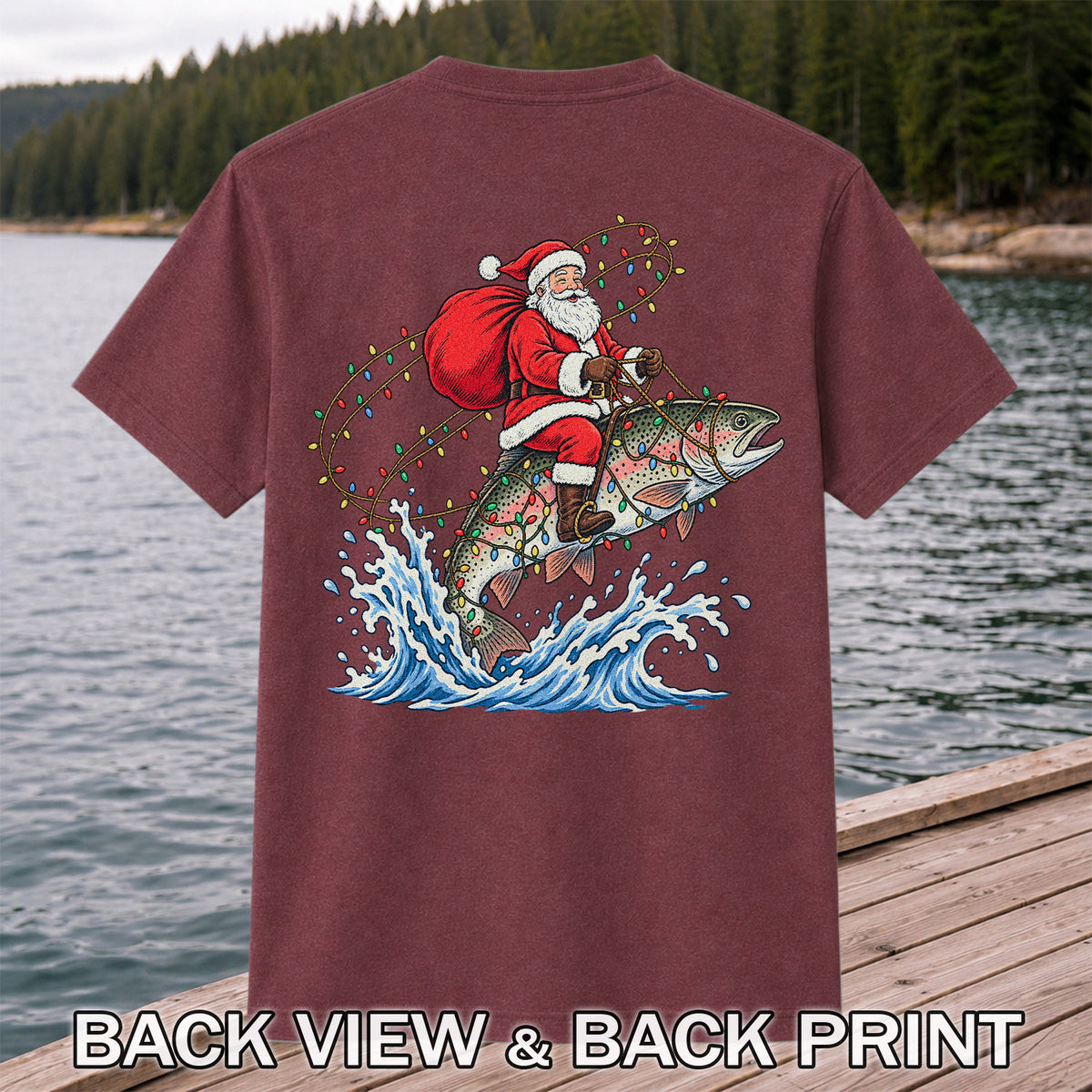 Santa Riding a Christmas-Lighted Rainbow Trout Fishing Graphic T-Shirt | Back Print