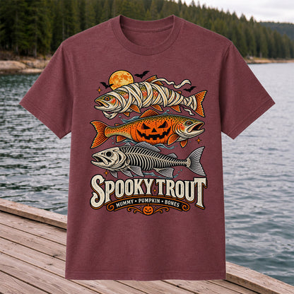 Spooky Trout Mummy Pumpkin Bones Halloween Fishing T-Shirt