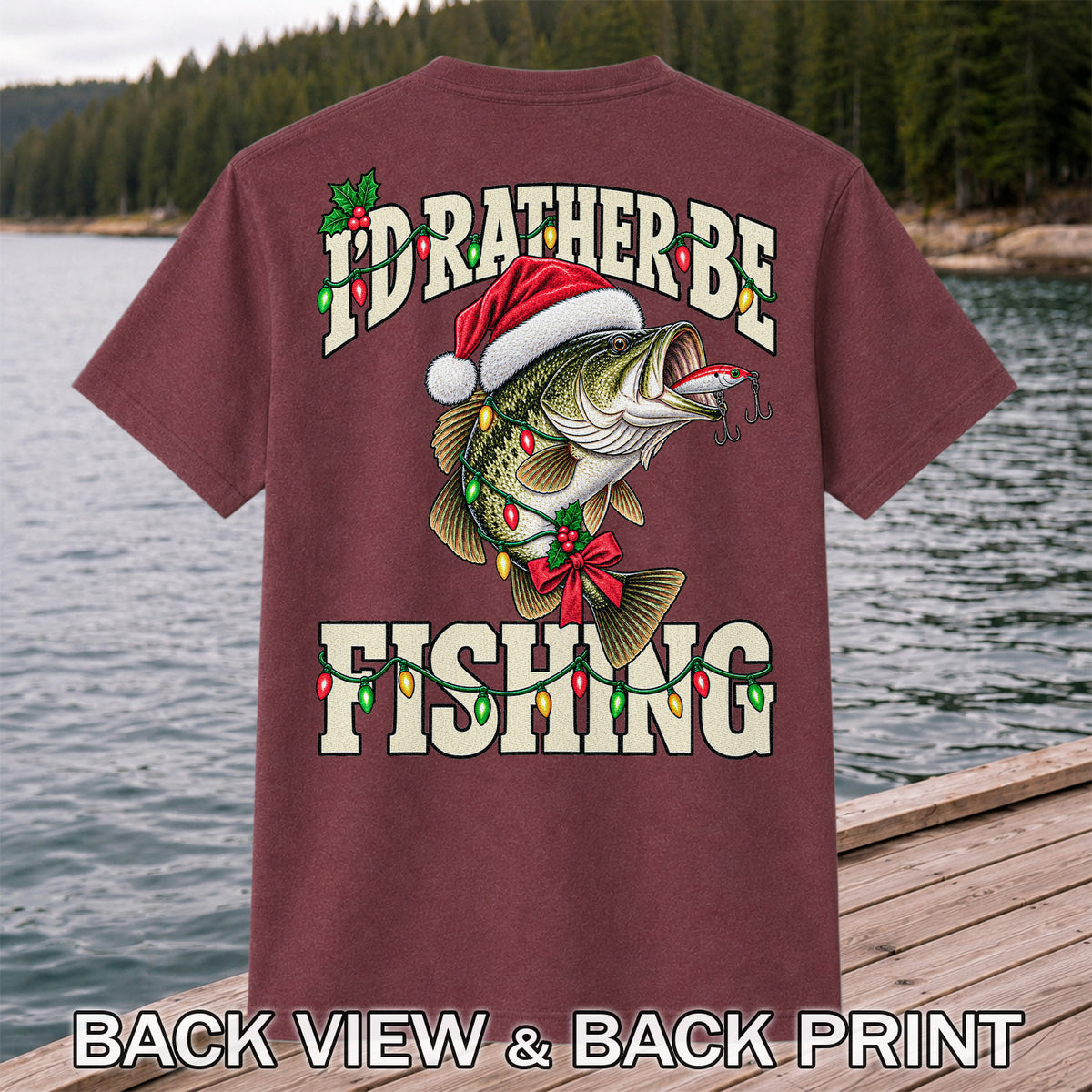 Santa Hat Bass Christmas Fishing Graphic T-Shirt | Back Print