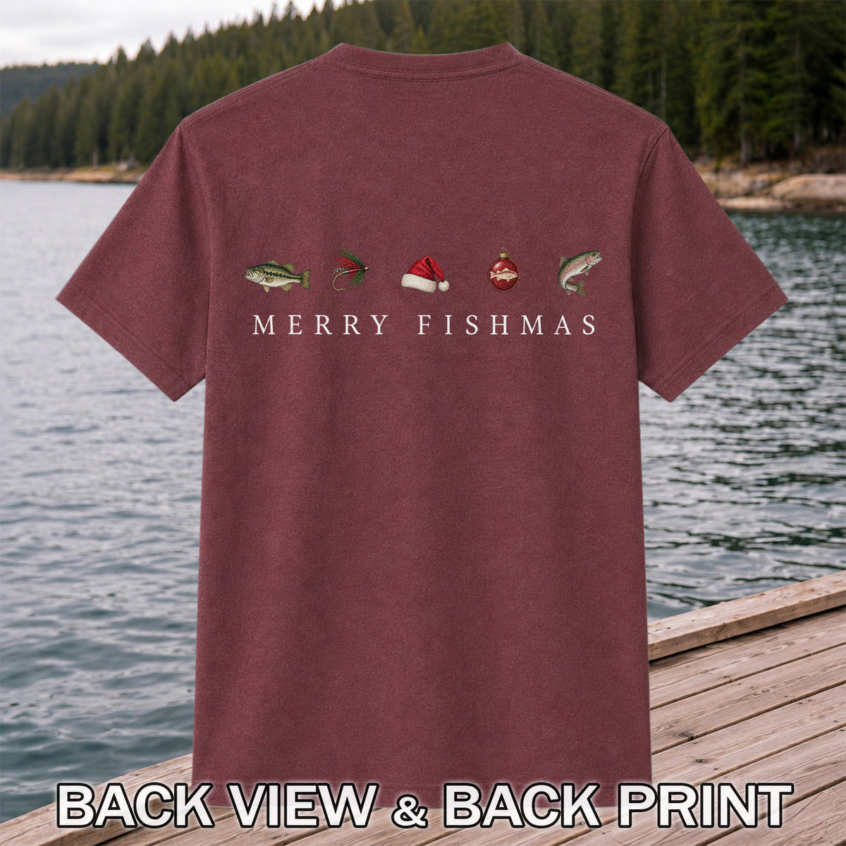 Christmas Fish Icons Fishing Graphic T-Shirt | Back Print