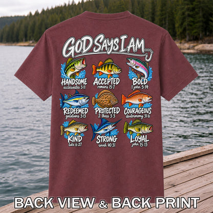 God Says I Am Christian Fish and Bible Verse Fishing Graphic T-Shirt | Back Print