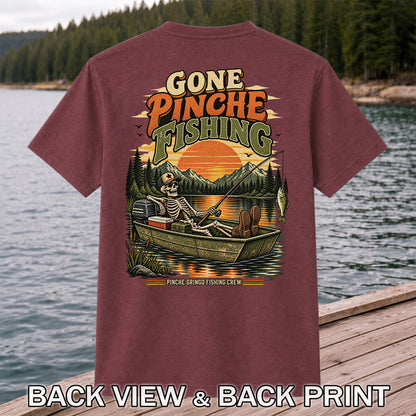 Gone Pinche Fishing Skeleton in a Boat Retro Graphic T-Shirt | Back Print