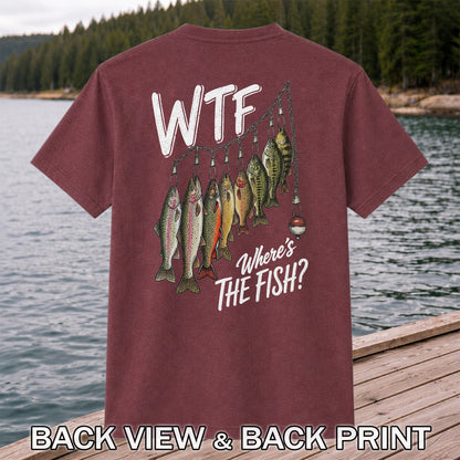 WTF Where's the Fish? Funny Fish Stringer Fishing Graphic T-Shirt | Back Print