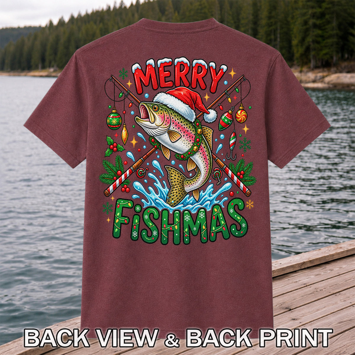 Merry Fishmas Santa Trout Christmas Fishing Graphic T-Shirt | Back Print