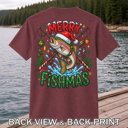 Merry Fishmas Santa Trout Christmas Fishing Graphic T-Shirt | Back Print