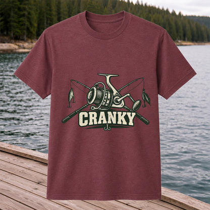 Cranky Fishing Reel and Crossed Rods Graphic T-Shirt