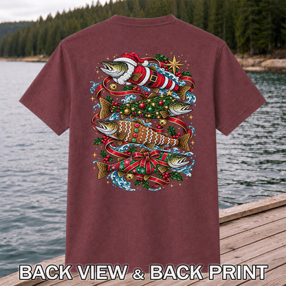 Santa and Gingerbread Trout Christmas Fishing Graphic T-Shirt | Back Print