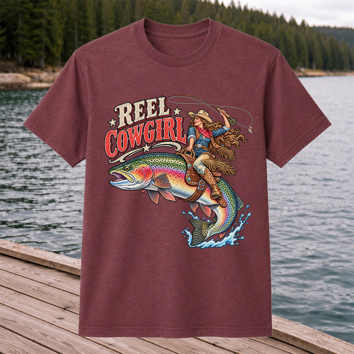 Reel Cowgirl Riding a Rainbow Trout Fly Fishing T-Shirt