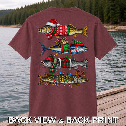 Christmas Fish in Festive Sweaters Fishing Graphic T-Shirt | Back Print