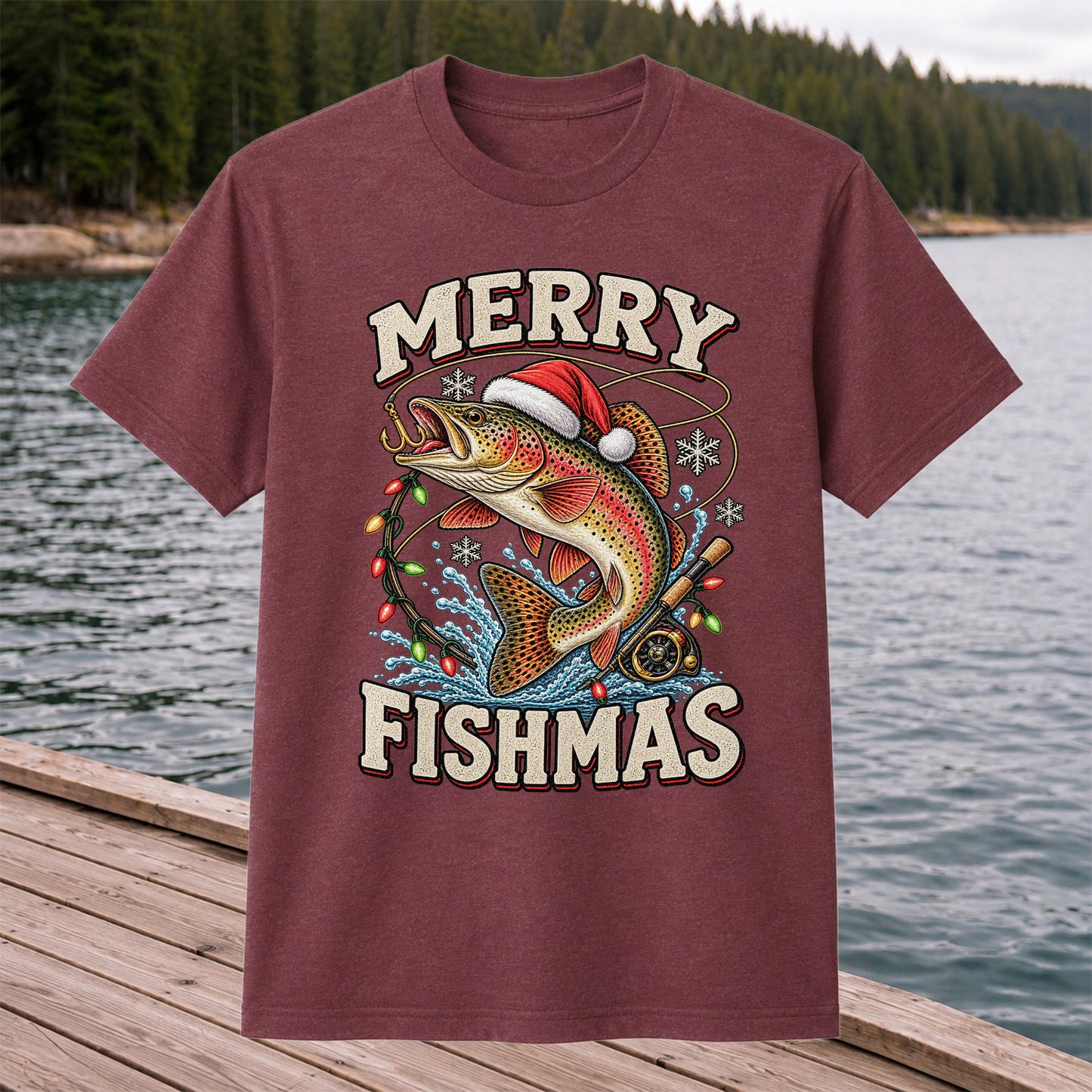 Merry Fishmas Santa Hat Rainbow Trout Fishing T-Shirt