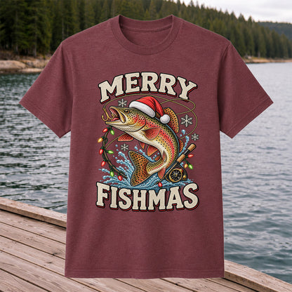 Merry Fishmas Santa Hat Rainbow Trout Fishing T-Shirt