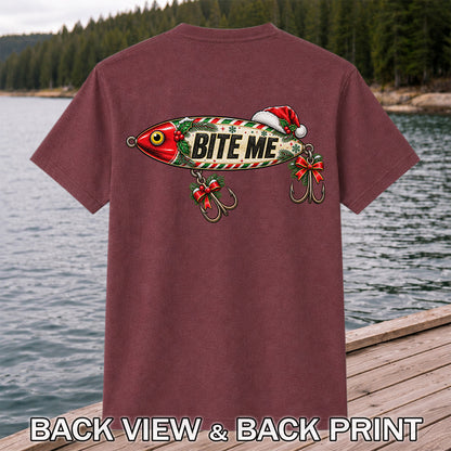 Bite Me Christmas Fishing Lure Funny Graphic T-Shirt | Back Print