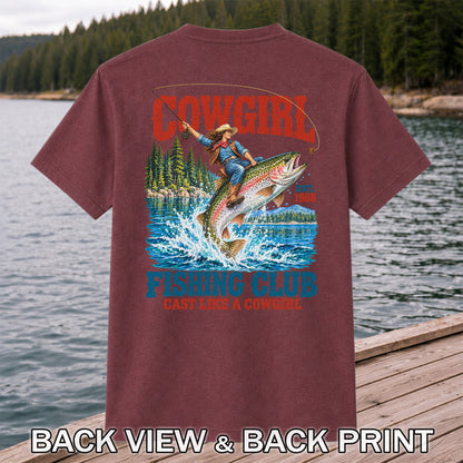 Cowgirl Riding Rainbow Trout Fishing Club T-Shirt | Back Print
