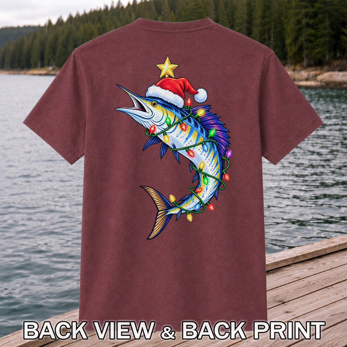 Christmas Marlin Wrapped in Lights Fishing T-Shirt | Back Print