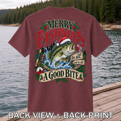 Merry Fishmas to All and to All a Good Bite Bass Fishing T-Shirt | Back Print